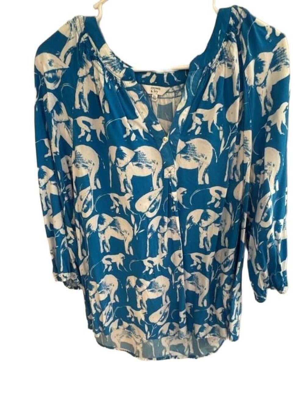Crown & Ivy Elephant Monkey Print Blouse Size XL Blue White